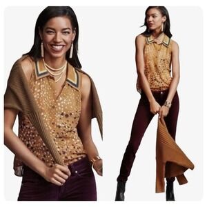 (A3) Cabi Womens Mustard Yellow Pebble Print Sleeveless Button Down Blouse M